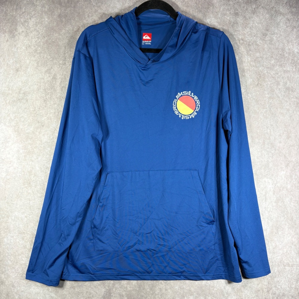 Quiksilver Rash Guard Mens Large Blue Hooded Swim Shirt Surf UPF 50+